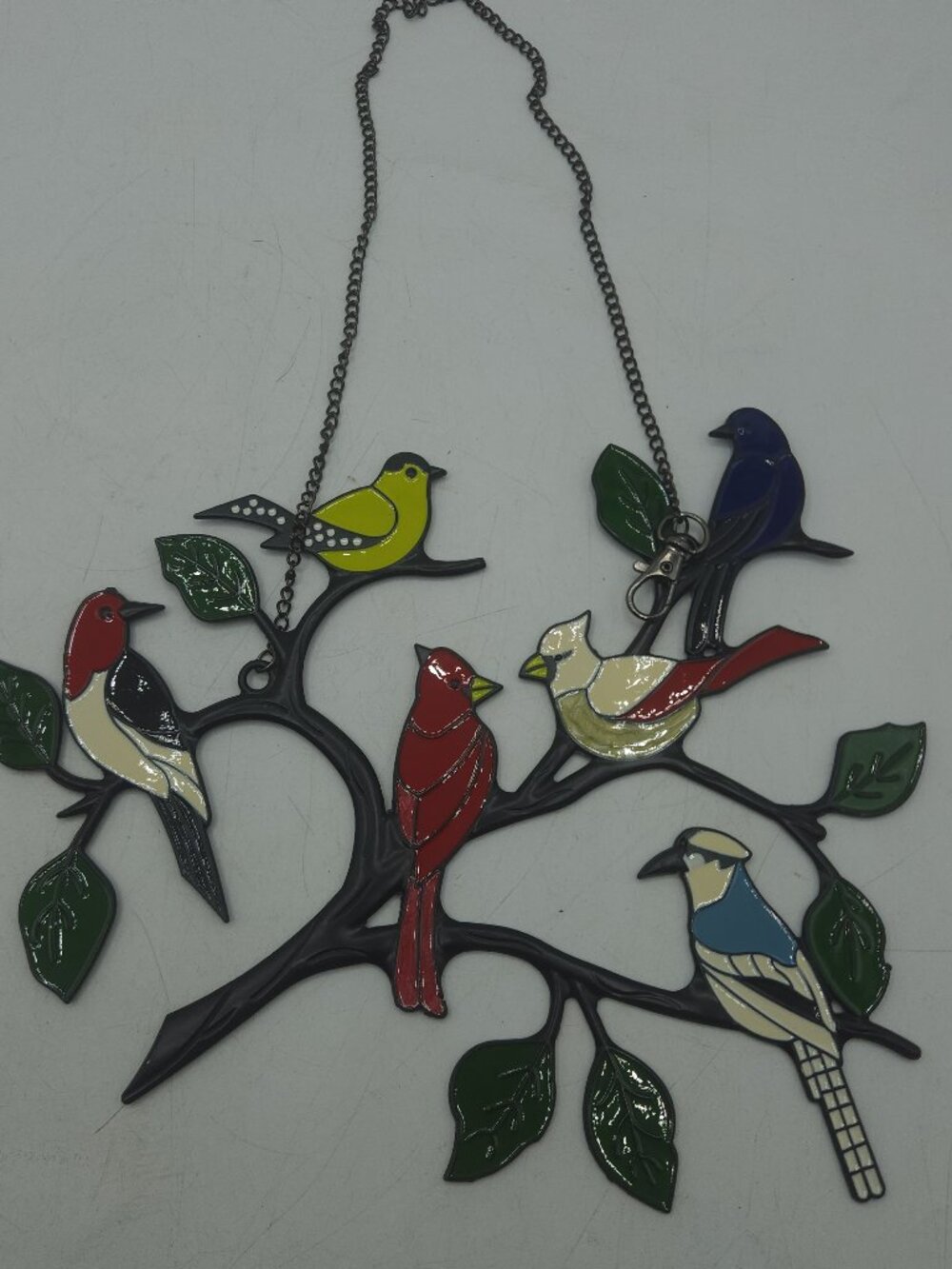 Six Birds  Stained Metal Window Hangings, Multicolor Bird On A Wire